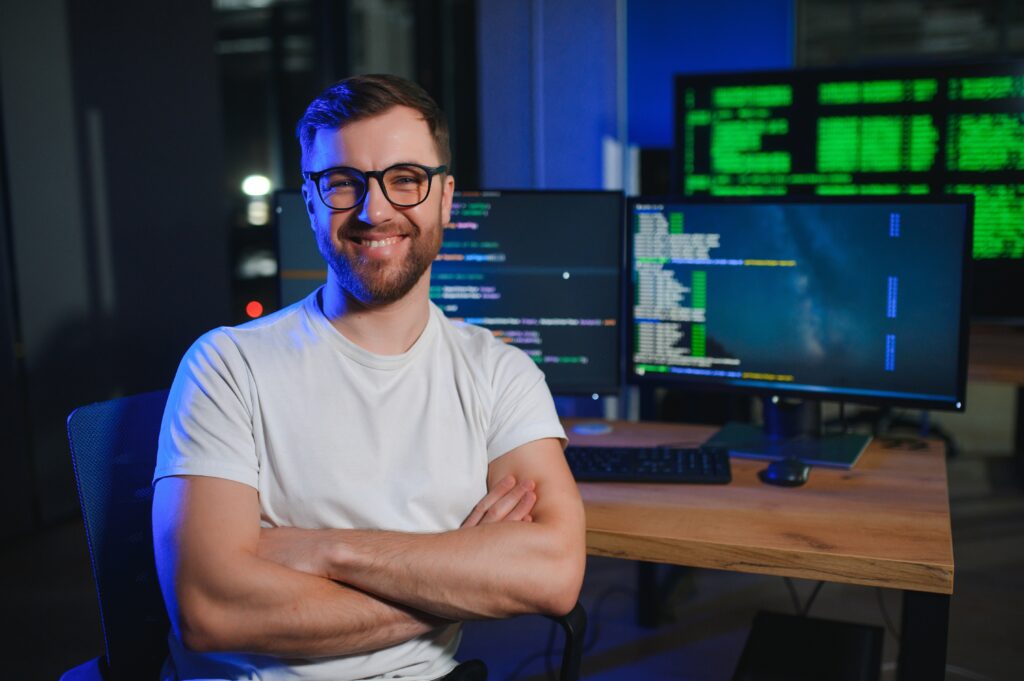 A full stack developer working on real project experience at a modern workstation, representing Full Stack Developer Internships opportunities from Get Live Job.