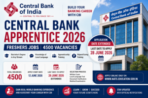 Central Bank Apprentice Recruitment 2026 notification showing 4500 apprentice vacancies, eligibility, application dates, and online registration details.