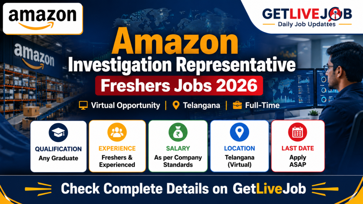 Amazon Investigation Representative Freshers Jobs 2026 featured image showing Investigation Representative (ROW IB) recruitment for graduates with virtual work opportunity in Telangana.