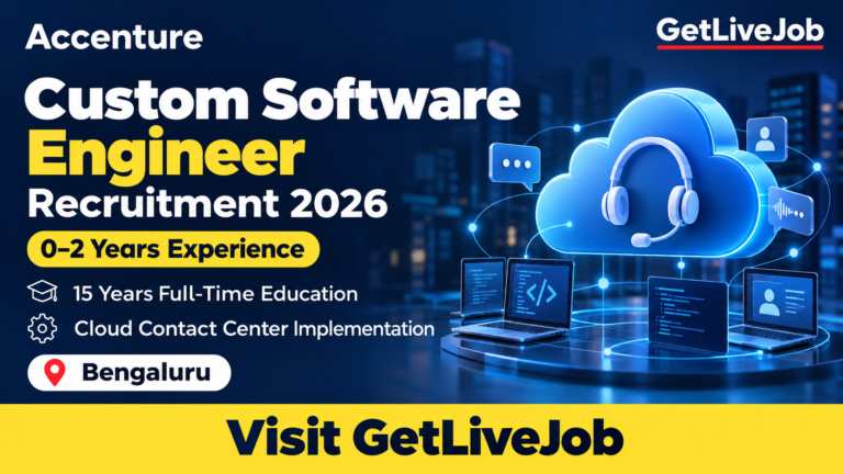 Accenture Custom Software Engineer recruitment banner with GetLiveJob branding and cloud contact center skill details.