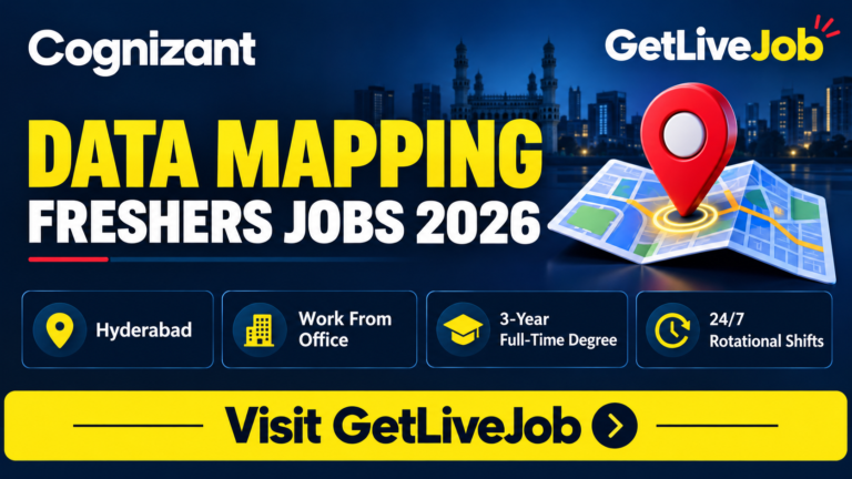 Cognizant Data Mapping freshers recruitment banner showing Hyderabad, office work, and rotational shifts.