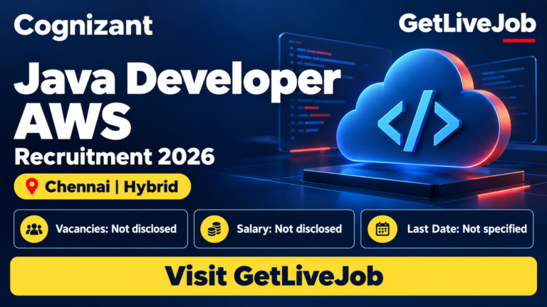 Cognizant Java Developer AWS recruitment banner showing Chennai hybrid location and GetLiveJob branding.