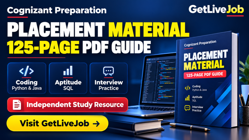 ognizant Placement Material banner featuring a 125-page independent guide for coding, aptitude, SQL and interview practice.