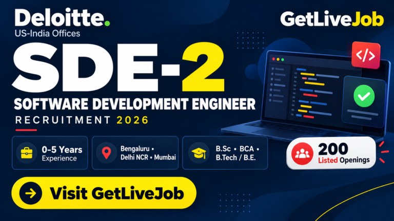Deloitte SDE-2 recruitment banner showing 200 listed openings across Bengaluru, Delhi NCR and Mumbai for 0–5 years of experience.