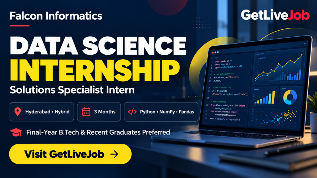 Falcon Informatics Data Science Internship banner showing a three-month hybrid role in Hyderabad with Python, NumPy and Pandas skills.