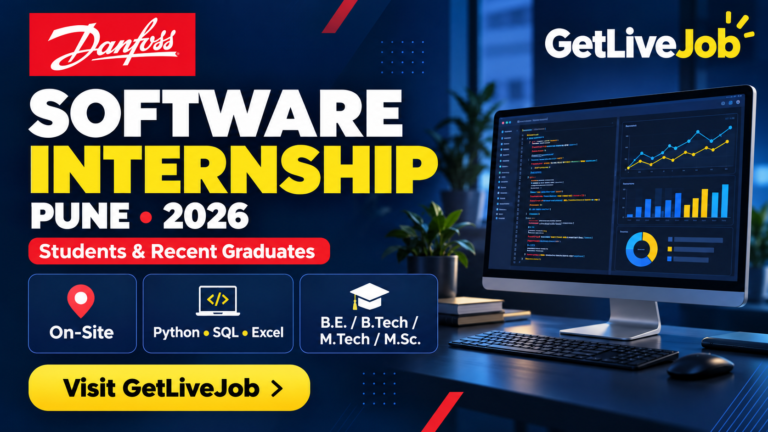 Danfoss Software Internship banner highlighting on-site work in Pune and Python, SQL and Excel skills.