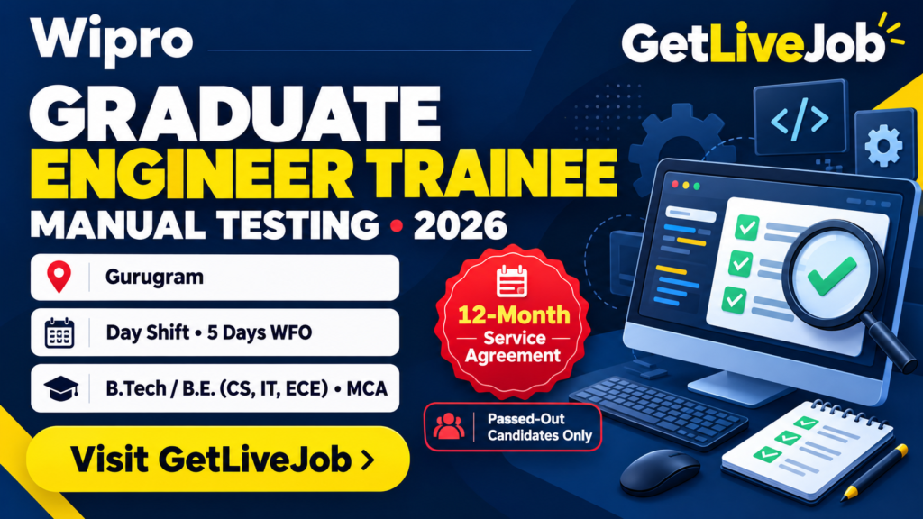 Wipro Graduate Engineer Trainee banner showing Gurugram, eligible qualifications, day shifts and a 12-month service agreement.