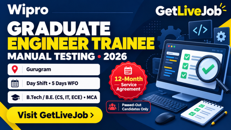 Wipro Graduate Engineer Trainee banner showing Gurugram, eligible qualifications, day shifts and a 12-month service agreement.