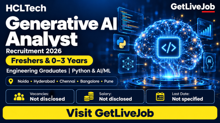 HCLTech Generative AI Analyst recruitment 2026 banner for engineering graduates with 0–3 years of experience.