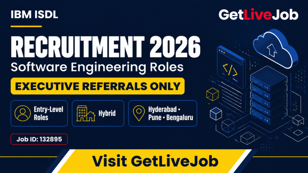 IBM ISDL Recruitment banner highlighting executive referrals only, entry-level roles and hybrid locations.