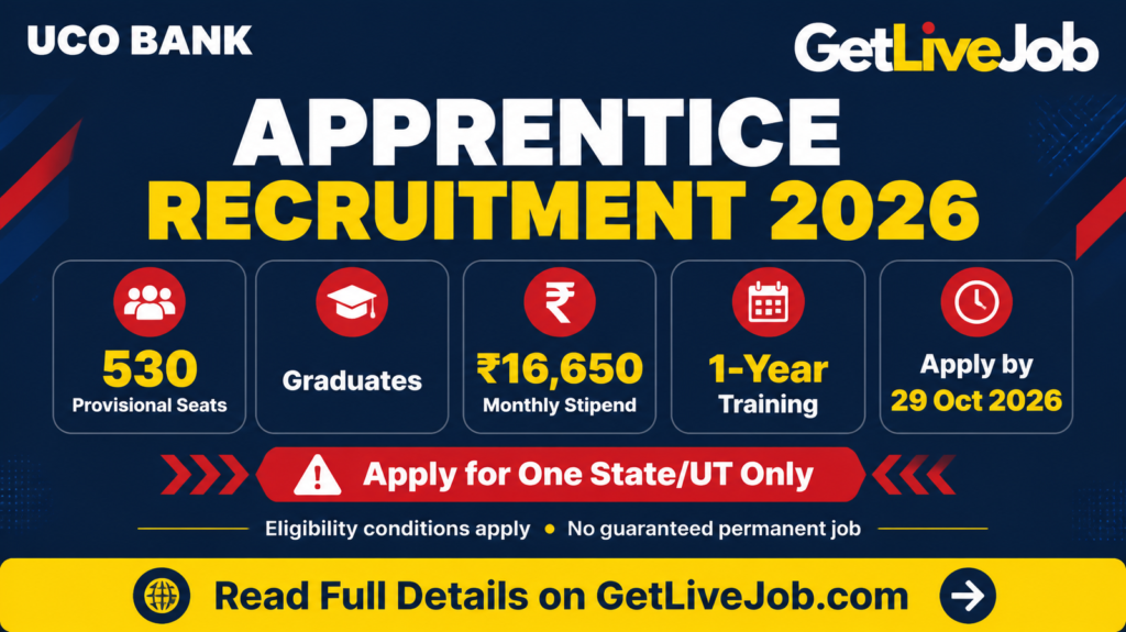 UCO Bank Apprentice recruitment 2026 banner showing 530 provisional seats, ₹16,650 monthly stipend and application deadline.