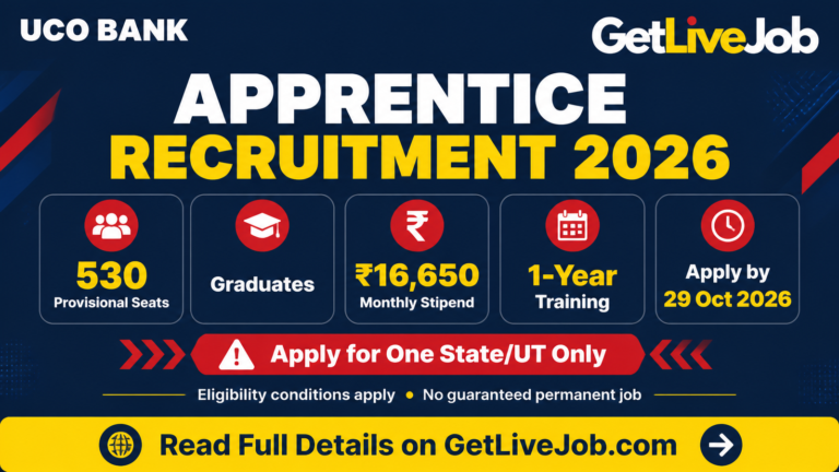 UCO Bank Apprentice recruitment 2026 banner showing 530 provisional seats, ₹16,650 monthly stipend and application deadline.